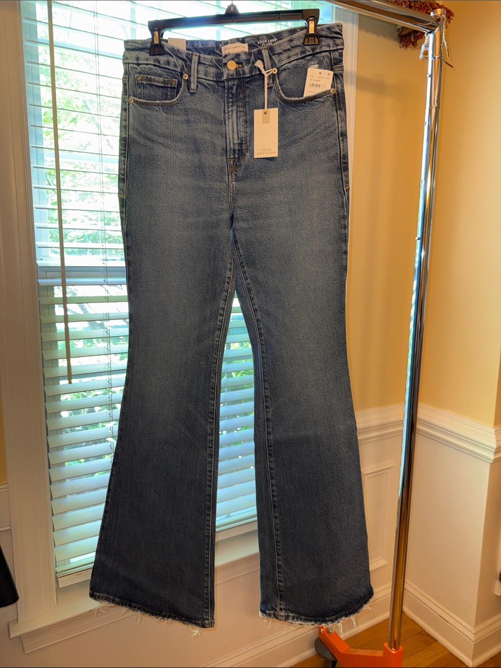 Good American Indigo Flare Jeans with Raw Hem “Good Legs Flare”